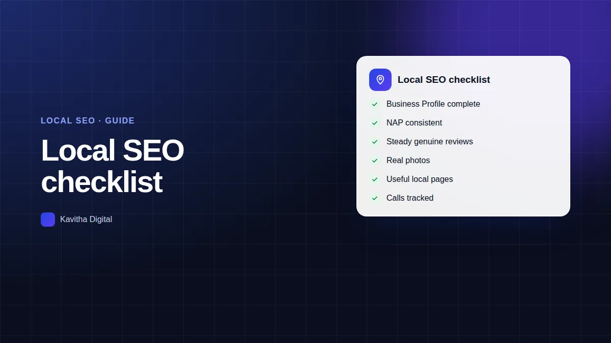 Local SEO checklist illustration with a map pin, a business profile card and ticked items