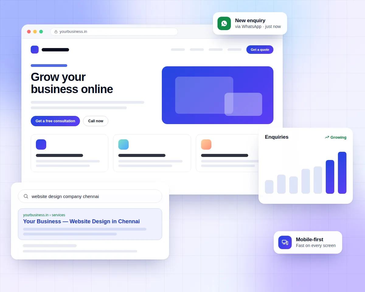 Illustration of a business website in a browser with a Google search result, an enquiry notification and a growth chart
