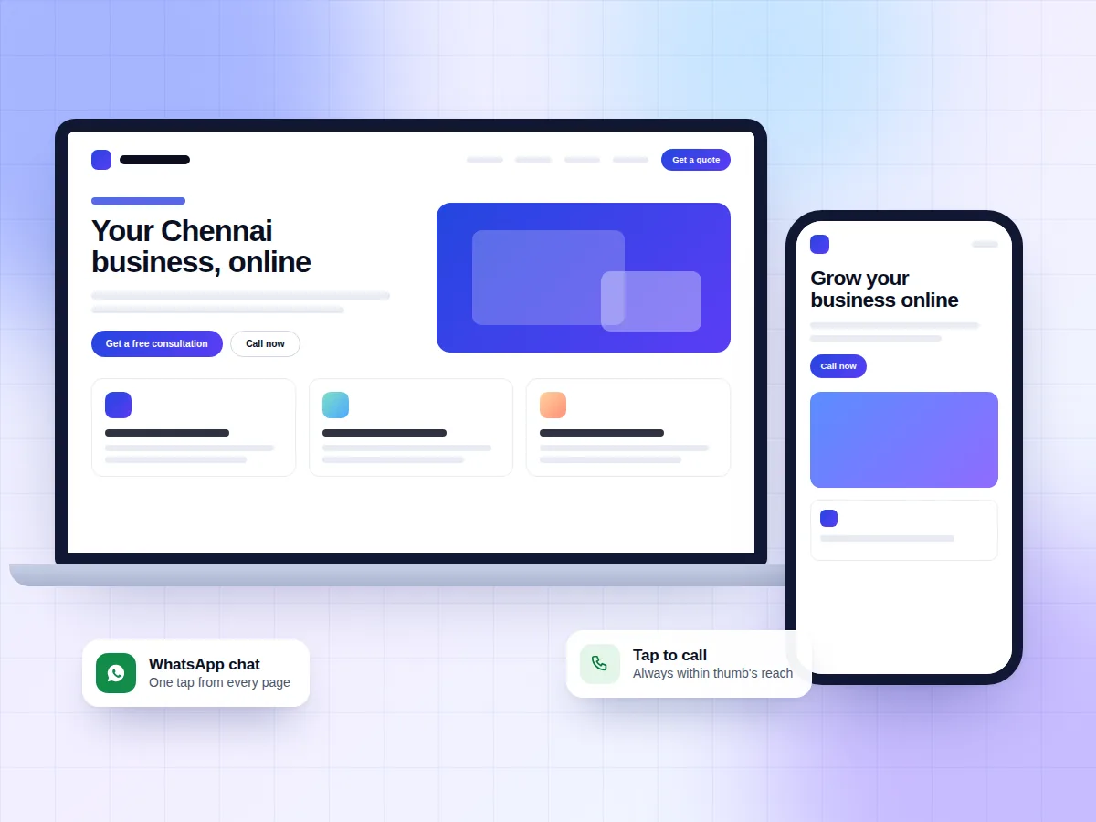 Illustration of a business website shown on a laptop and a smartphone with a call button