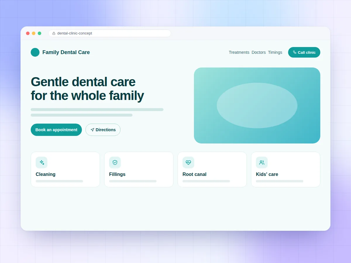 Concept design of a dental clinic website with treatments and an appointment button