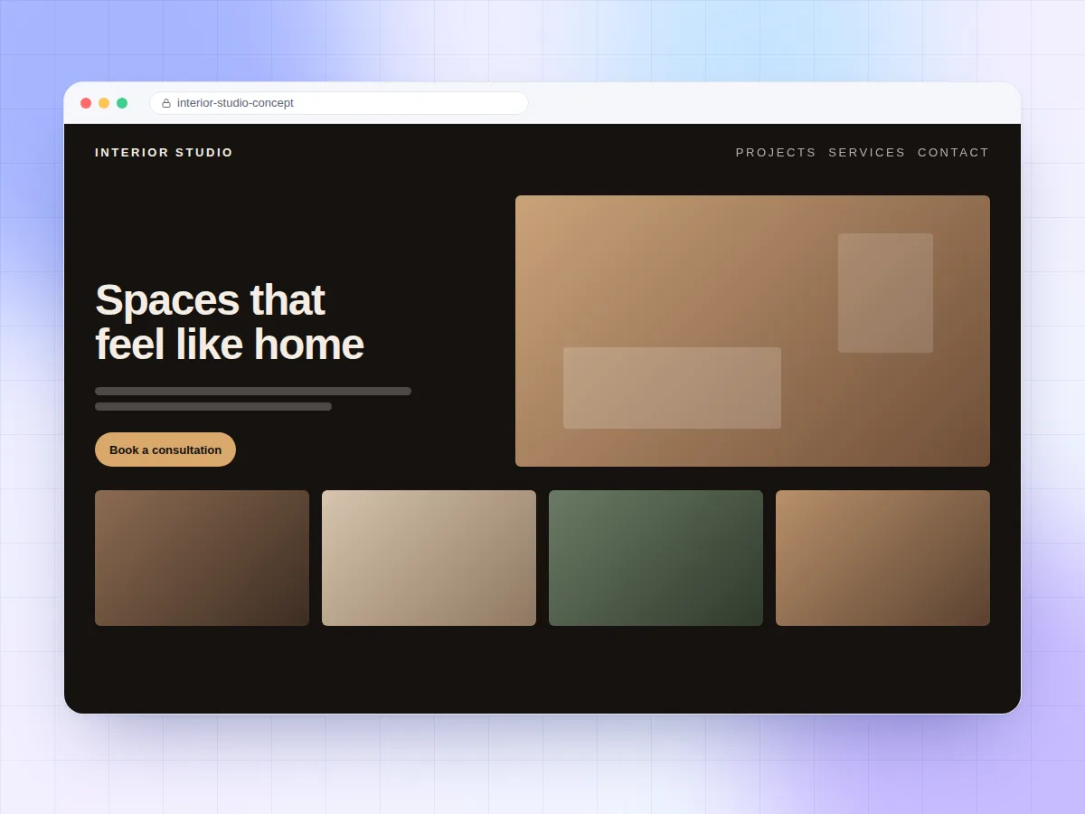 Concept design of an interior design studio website with a large project gallery