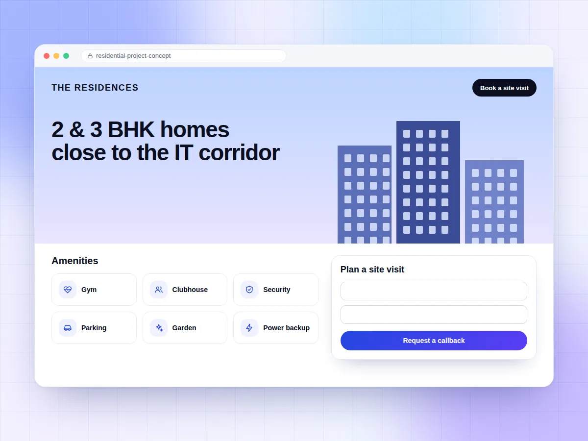 Concept design of a residential apartment project website with floor plans and a site-visit form