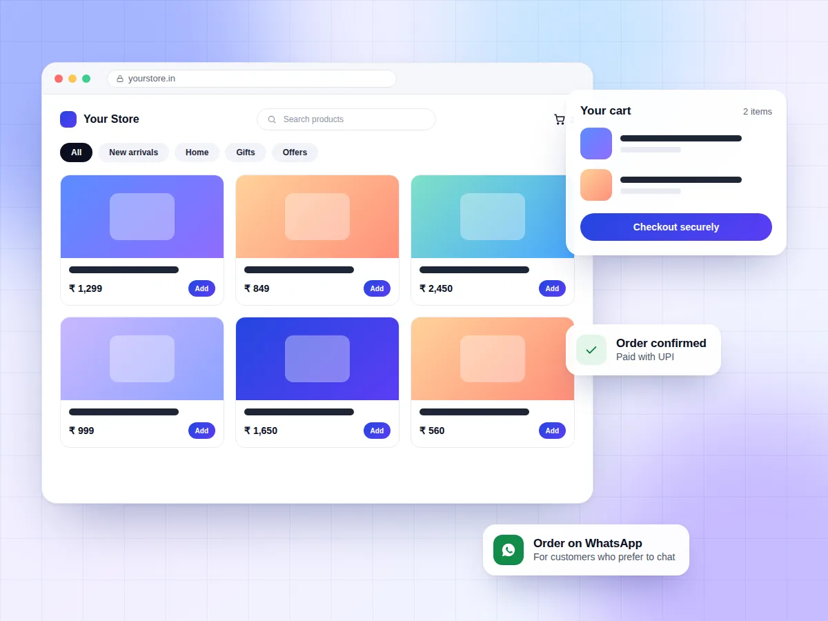 Illustration of an online store with a product grid, shopping cart and order confirmation