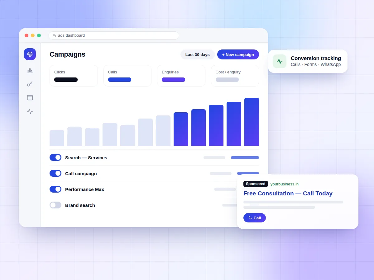Illustration of an advertising campaign dashboard with bar charts and a sponsored search result