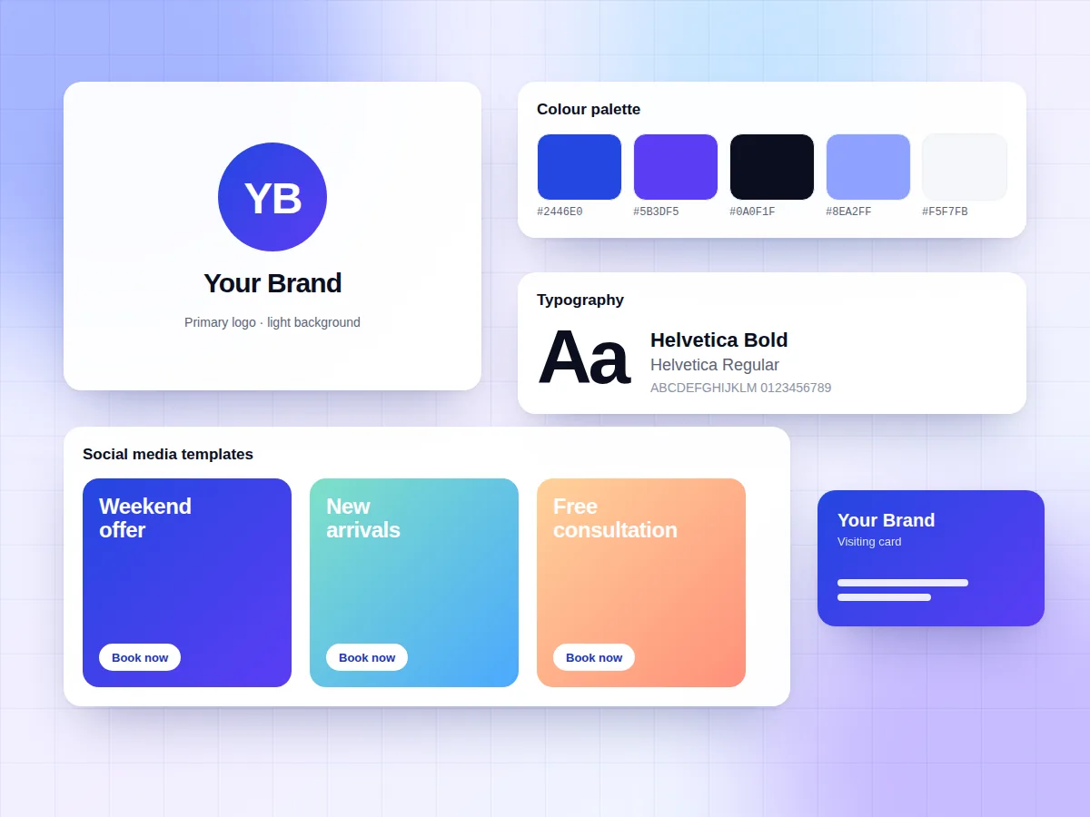Illustration of a brand kit with a logo, colour palette, typography and social media templates