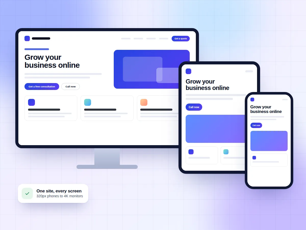 Illustration of one website layout adapting across a desktop monitor, tablet and smartphone
