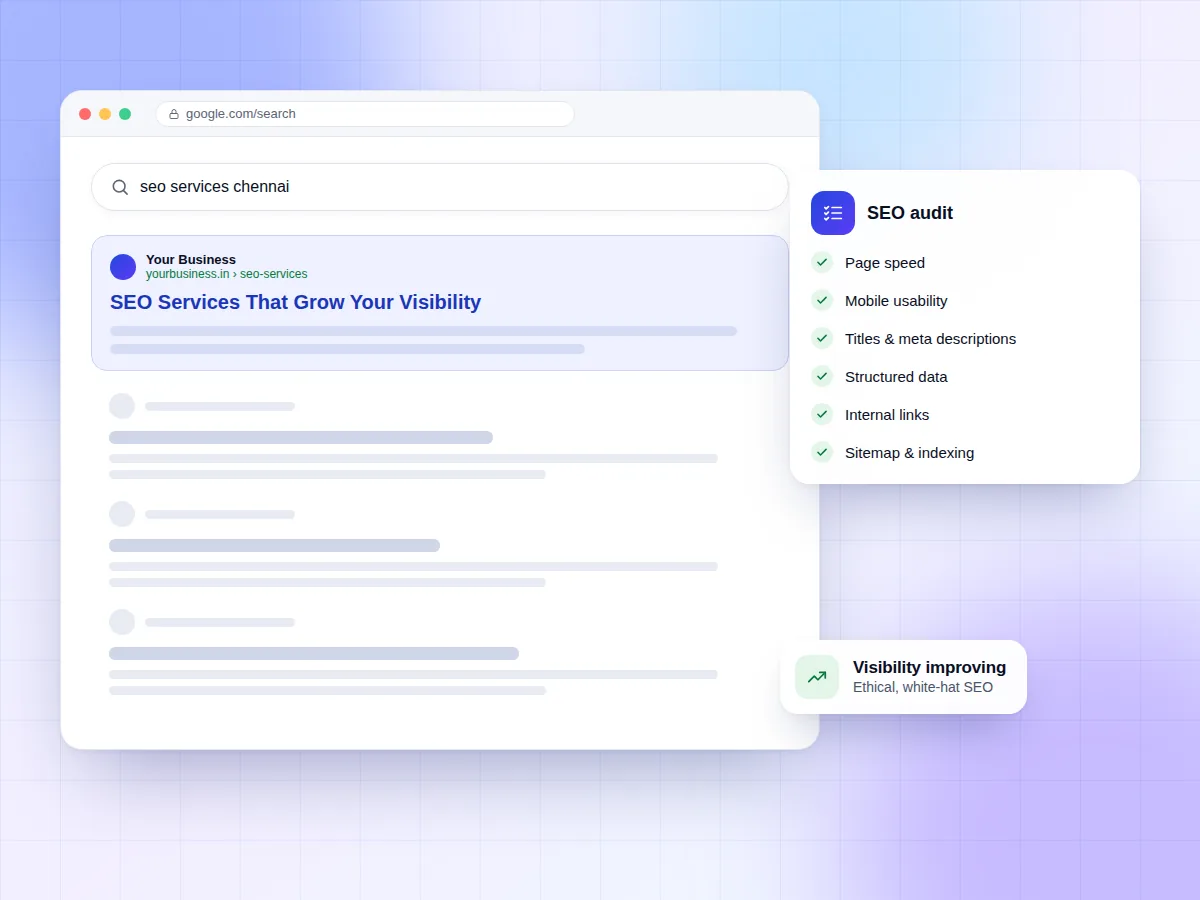 Illustration of a search results page with a highlighted listing and an SEO audit checklist