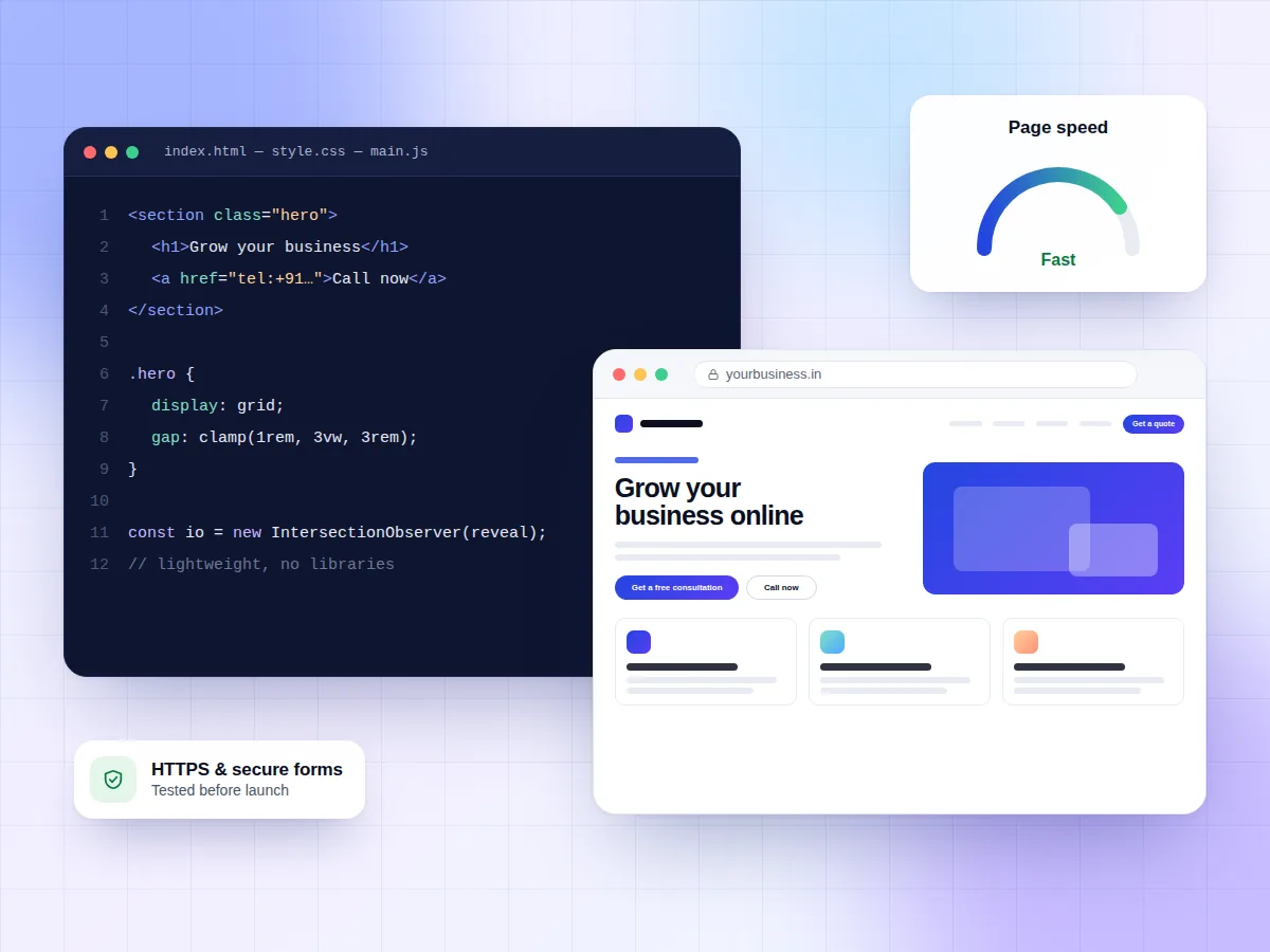Illustration of a code editor beside a website preview and a page speed indicator