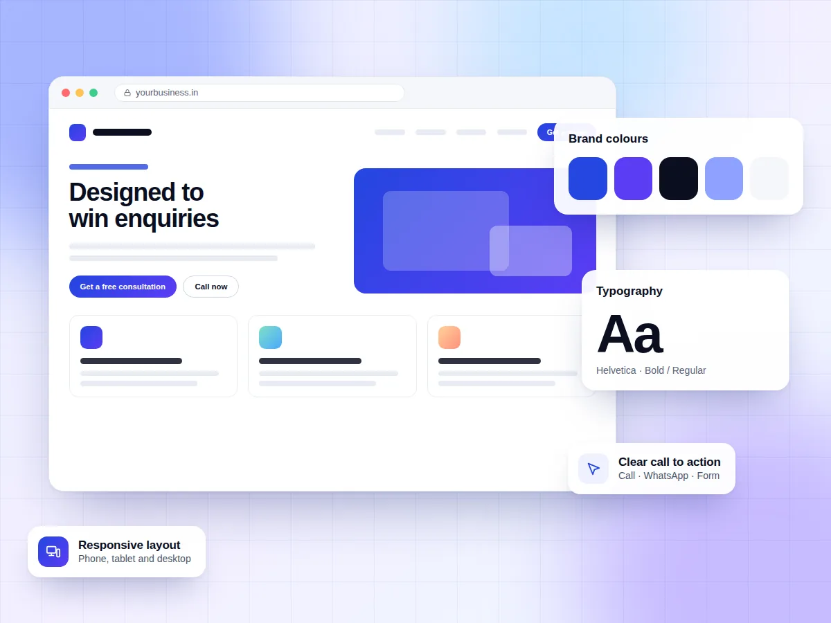 Illustration of a business website layout in a browser window with colour and typography panels
